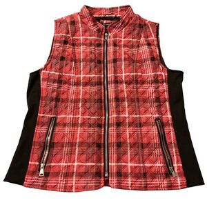 New Directions Puffer Vest Women Medium Red Tartan Plaid Holiday Winter Outdoor